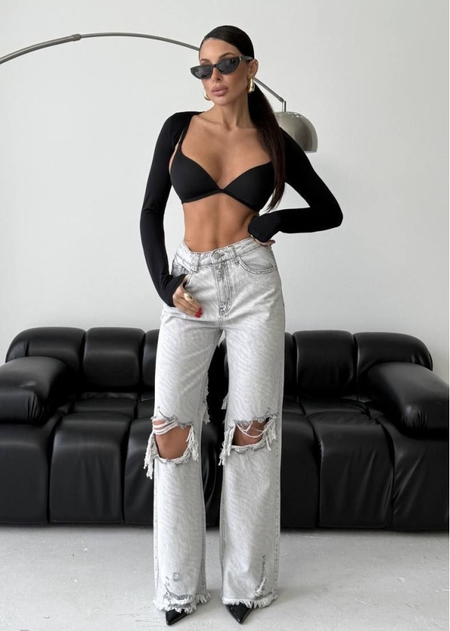 Джинси wide leg рвані з тигровими розводами — сірі, 100% бавовна